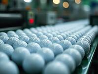 Many golf balls are moving along an assembly line, illustrating the production process, AI generated [IBR125653421]