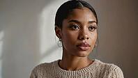 Portrait of a beautiful young woman with dark hair wearing a beige sweater, illuminated by natural light, looking away with a serious and pensive expression, AI generated [IBR125653429]