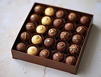Gourmet chocolate pralines decorated with gold leaf patterns, presented in an elegant box, creating a luxurious confectionery experience, AI generated [IBR125653430]
