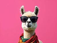 Stylish alpaca posing with sunglasses and colorful scarf against vibrant pink backdrop, AI generated [IBR125653432]