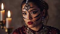 Young woman showcasing dark tribal makeup and elegant jewelry, posing gracefully in a studio surrounded by softly lit candles, AI generated [IBR125653436]