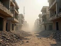 Destroyed buildings and dusty air filling ruined city street, AI generated [IBR125653437]