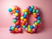 Number ten made of colorful balloons on a pink background, celebrating a tenth birthday or anniversary, AI generated [IBR125653438]