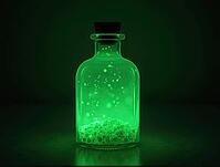Open glass bottle with glowing green poison and cork lid on dark background, creating a mysterious and dangerous atmosphere, AI generated [IBR125653441]