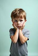 Portrait of disappointed preschooler holding face with hands on light green studio background, AI generated [IBR125653444]