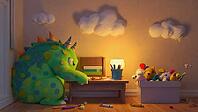 Cute imaginary monster drawing with crayons in a softly lit kid's bedroom, surrounded by toys and a warm atmosphere, AI generated [IBR125653447]