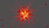 Bright red particles exploding from the center against a gray background, creating a dynamic and energetic visual, AI generated [IBR125653454]