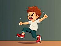 Furious kid running and screaming with closed fists and red cheeks, expressing rage and frustration, AI generated [IBR125653455]