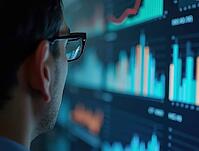 Businessman wearing glasses analyzing financial data reflected on lenses, monitoring charts and graphs displayed on multiple screens in a dark environment, AI generated [IBR125653457]