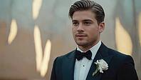 Portrait of a confident groom wearing a tuxedo with bow tie and boutonniere, looking away from the camera, AI generated [IBR125653460]