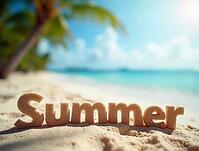 Sand letters spelling summer on a beautiful tropical beach with palm trees and turquoise water evoking vacation feelings, AI generated [IBR125653462]
