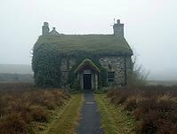 Old stone cottage with a green roof and ivy-covered walls stands in the middle of a foggy moor, creating a mysterious and evocative scene, AI generated [IBR125653467]