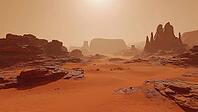 Vast Martian landscape featuring dramatic canyons, rugged rocks, and sweeping sand dunes beneath a striking red sky, AI generated [IBR125653471]