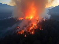 Aerial view of a large forest fire burning through trees at sunset, AI generated [IBR125653478]