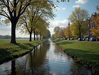 Serene canal flowing through a charming dutch town, adorned with vibrant autumn foliage and historic architecture, AI generated [IBR125653479]