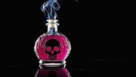 Smoke is coming out from a glass bottle containing pink poison with a skull symbol printed on it, reflecting on a dark background, AI generated [IBR125653485]
