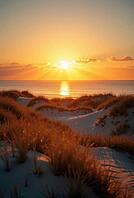 Grassy sand dunes in foreground with tranquil ocean and golden sunset in background, AI generated [IBR125653486]