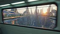 Futuristic sustainable city with skyscrapers and lush vegetation seen from train window at sunset, AI generated [IBR125653487]