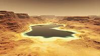 Aerial view of a methane lake surrounded by canyons on the surface of Venus, reflecting the orange sky, AI generated [IBR125653492]
