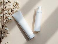 White cosmetic containers lying on beige table near flowers under sunlight, creating wellness and self-care atmosphere, AI generated [IBR125653494]