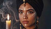 Close up portrait of a voodoo priestess with tribal makeup performing a ritual with a burning candle and mystical smoke, AI generated [IBR125653495]