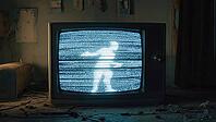 Ghostly figure emerging from static noise on vintage television screen in a dimly lit, eerie room, creating a chilling and paranormal atmosphere, AI generated [IBR125653499]