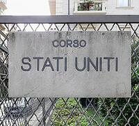 Corso Stati Uniti translation United States boulevard road sign in Turin, Italy [IBR125654762]