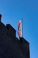 Flag of South Tyrol on a tower fluttering in the wind [IBR125654792]