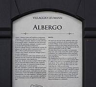 COLLEGNO, ITALY - CIRCA AUGUST 2019: Hotel sign at Leumann workers village [IBR125654833]