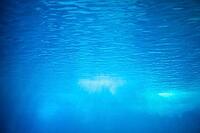 Low-angle underwater view of the rippled blue water surface, white air bubbles, and soft light rays [IBR125657446]