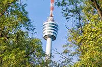 A white television tower with round viewing platform rises between green trees against a blue sky, Stuttgart, Germany [IBR125659393]
