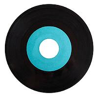Vinyl record vintage analog music recording medium with orange label isolated over white [IBR125659409]