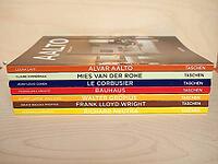 KOELN, GERMANY - CIRCA 2020: Taschen basic architecture series books about modern architects including Alvar Aalto, Mies Van der Rohe, Le Corbusier, Walter Gropius, Bauhaus, Frank Lloyd Wright, Neutra [IBR125659415]