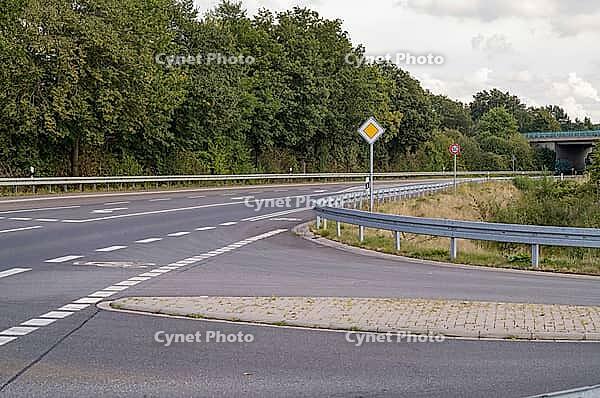 Germany Exit Ramp Sign Borken, NRW, Germany, Empty highway exit ramp curving towards a bridge ...
