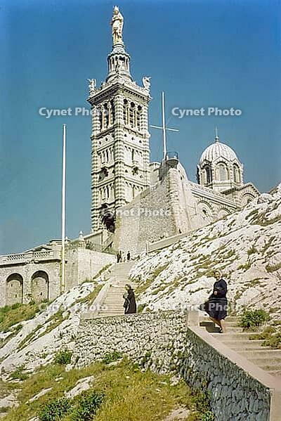Neo-Byzantine architecture of basilica Notre Dame De La Garde church, Marseille, France, Europe, 1965 [IBR112672622]