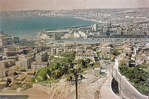 Oblique angle raised view of city centre and port, Vieux Port, Old Port, City of Marseille, France, Europe 1965 [IBR112672626]