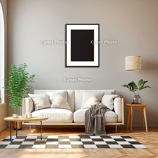 Cozy living room with white sofa, checkered carpet on the floor, black and white painting on beige walls, mock-up, AI generated [IBR123435164]
