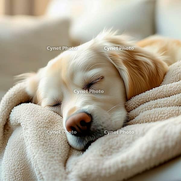 Domestic white dog sleeping on light wool blanket, close up, AI generated [IBR123435165]