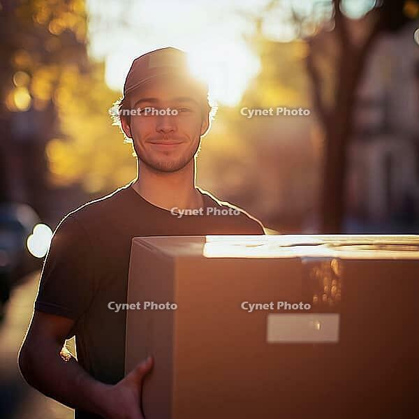 Young man - courier in a T-shirt and cap holds a cardboard box in his hands, early morning, AI generated [IBR123435166]
