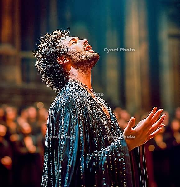 Opera singer in stage costume emotionally sings aria on theater stage, AI generated [IBR123435167]