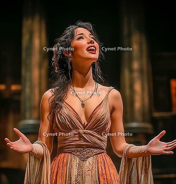 Young female opera singer in historical costume performing aria on stage of theatre, AI generated [IBR123435168]