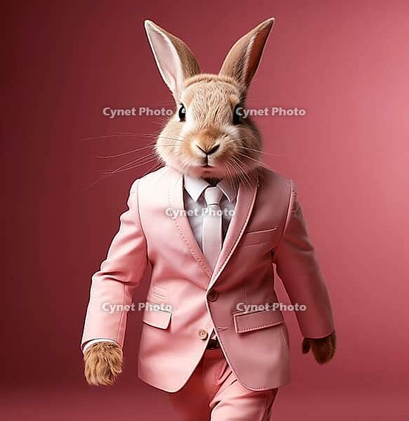 A hare in a pink business suit walks energetically, looking at the camera, AI generated [IBR123435170]