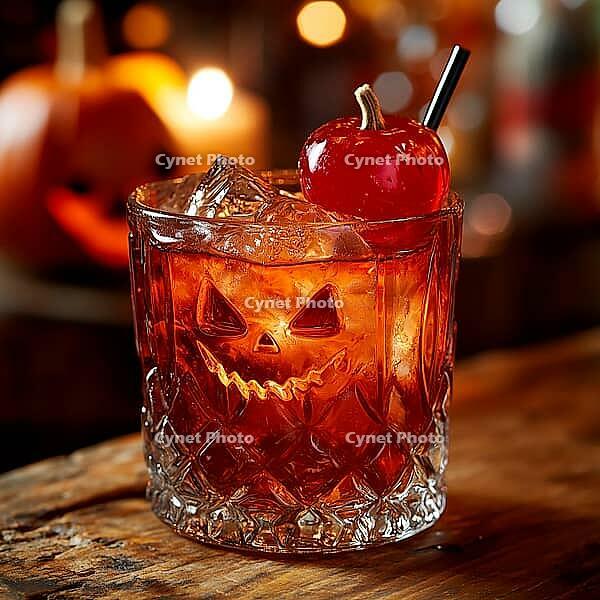 Halloween cocktail stands on a wooden table against a background of pumpkins and candles, AI generated [IBR123435171]