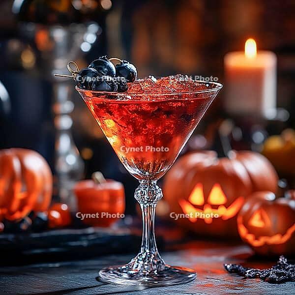 Red cocktail in a triangular glass stands on a table, pumpkins and candles in the background, AI generated [IBR123435172]