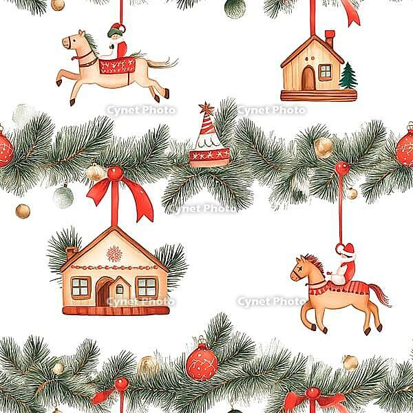 Christmas garland with wooden horses and houses, on white background, seamless pattern, AI generated [IBR123435178]