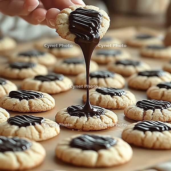 Chocolate drips from round shortbread cookies onto a baking tray, AI generated [IBR123435181]