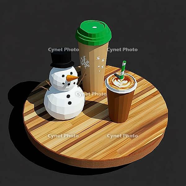 Coffee in cups and a snowman on a round table, 3D, AI generated [IBR123435183]