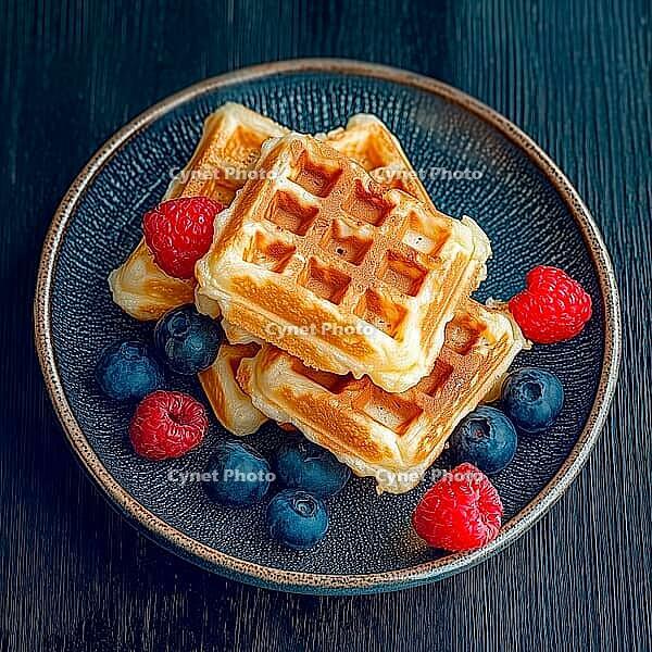 Waffles and berries on a blue plate, AI generated [IBR123435184]