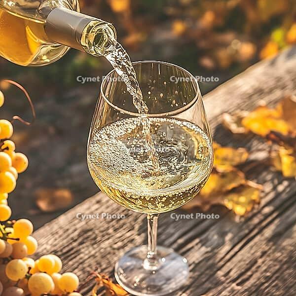 White grape wine pours from a bottle into a wine glass, on a wooden table, AI generated [IBR123435187]