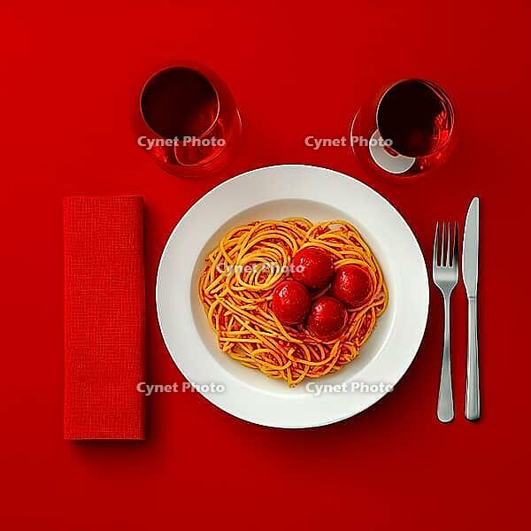 Pasta with tomatoes in a round plate on a red table, top view, AI generated [IBR123435199]
